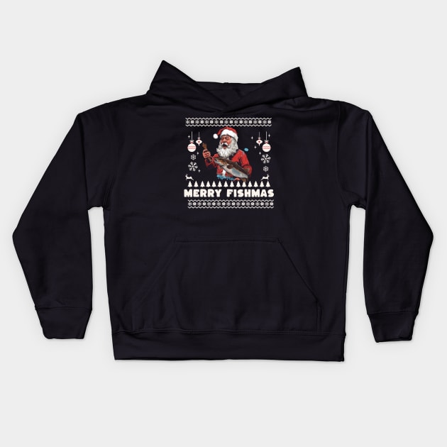 Merry Fishmas Santa Fishing Ugly Christmas Sweater Kids Hoodie by VisionDesigner